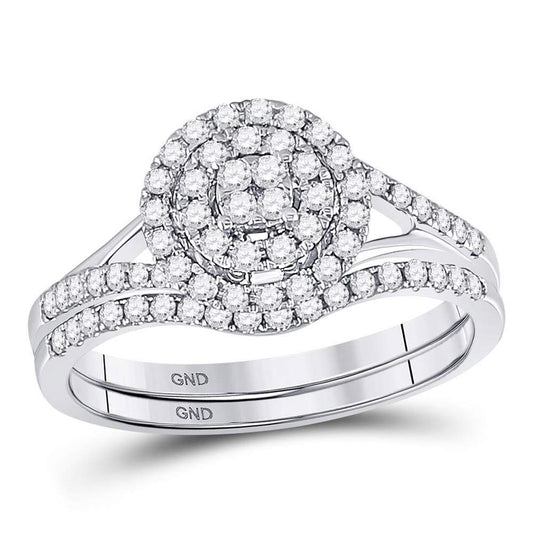 14k White Gold Round Diamond ClusterBridal Wedding Ring Set 1/2 Cttw