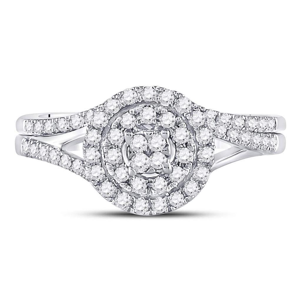 14k White Gold Round Diamond ClusterBridal Wedding Ring Set 1/2 Cttw
