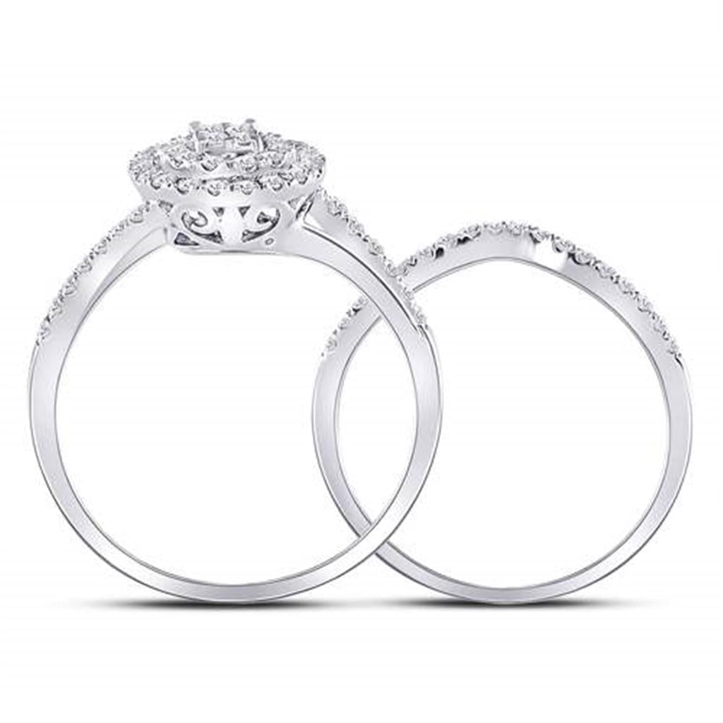 14k White Gold Round Diamond ClusterBridal Wedding Ring Set 1/2 Cttw