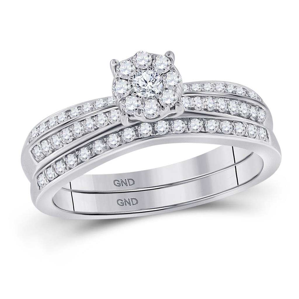 14k White Gold Round Diamond Cluster Bridal Wedding Ring Set 1/2 Cttw