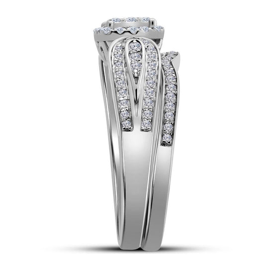 14k White Gold Round Diamond Cluster Bridal Wedding Ring Set 1/2 Cttw