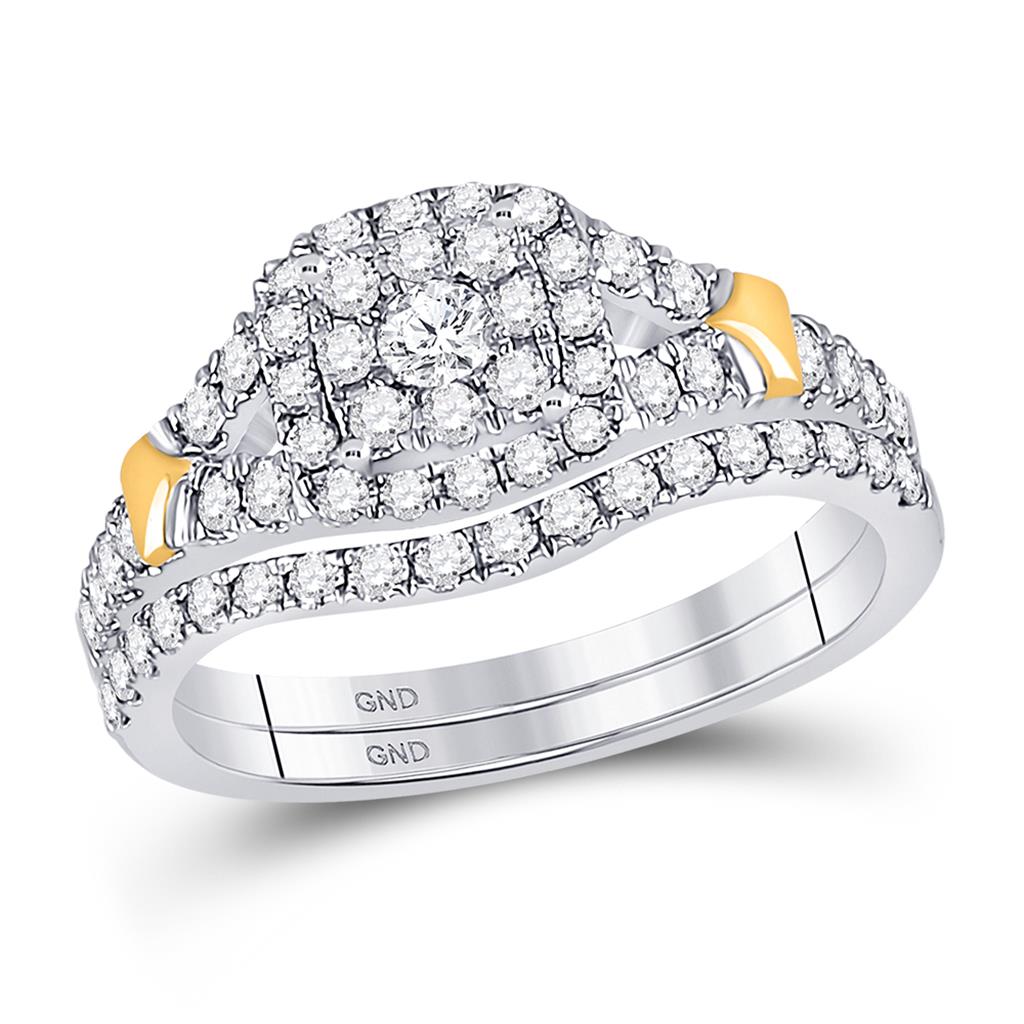 14k White Gold Round Diamond Cluster Bridal Wedding Ring Set 7/8 Cttw