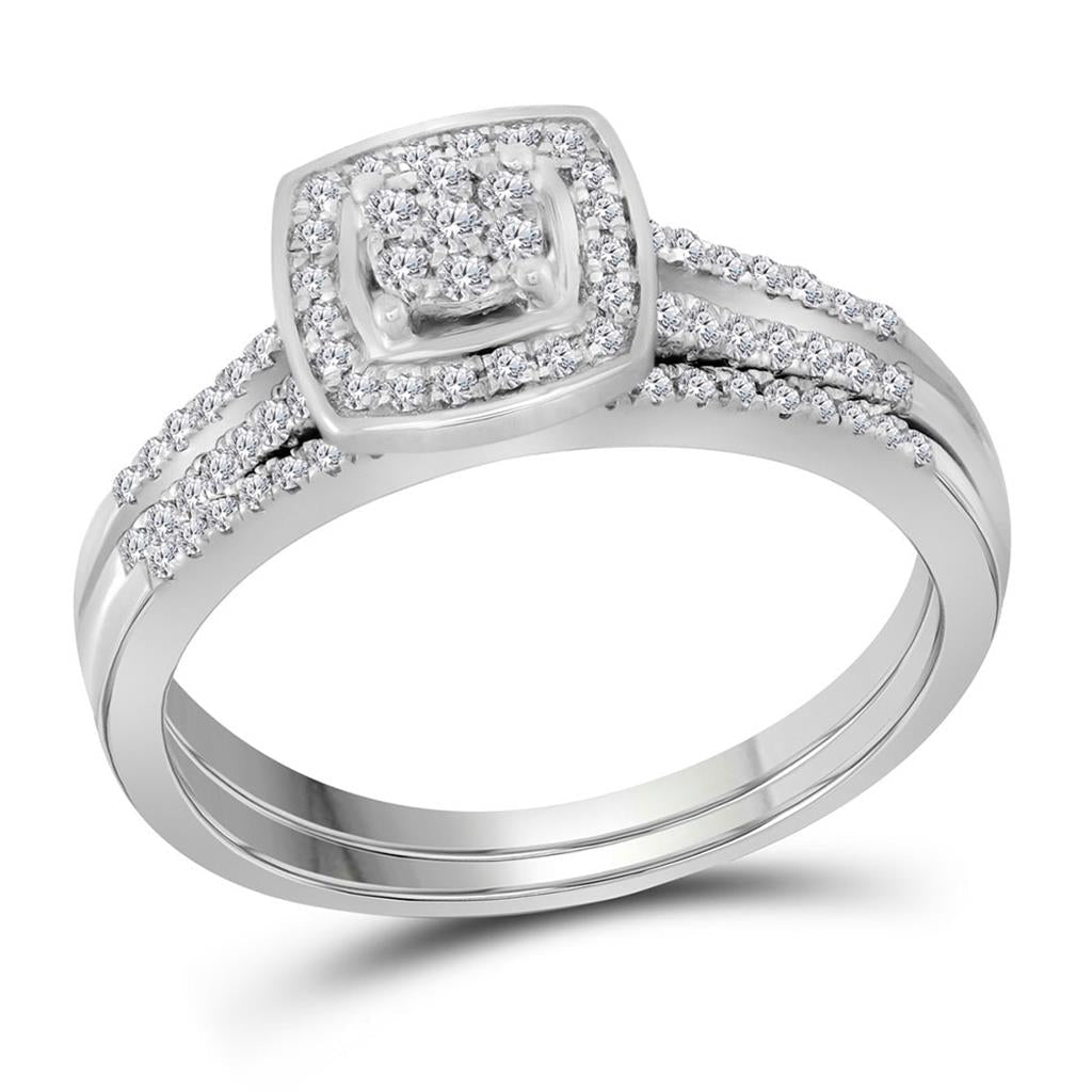 14k White Gold Round Diamond Cluster Bridal Wedding Ring Set 1/3 Cttw
