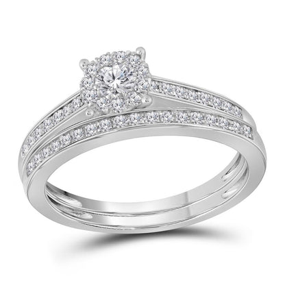 14k White Gold Round Diamond Slender Halo Bridal Wedding Ring Set 1/2 Cttw