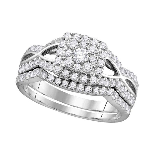 14k White Gold Round Diamond Split-shank Bridal Wedding Ring Set 1 Cttw