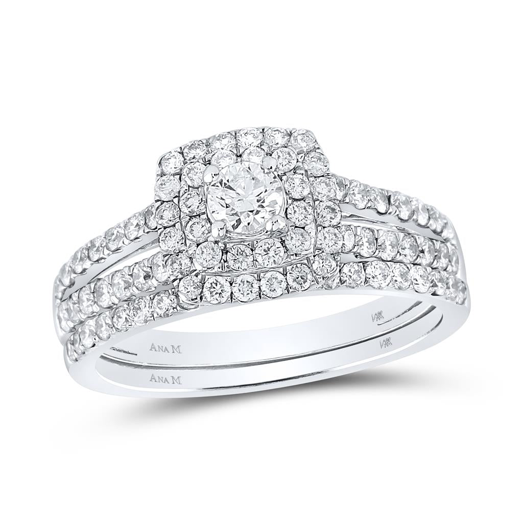14k White Gold Round Diamond Halo Bridal Wedding Ring Set 1 Cttw (Certified)
