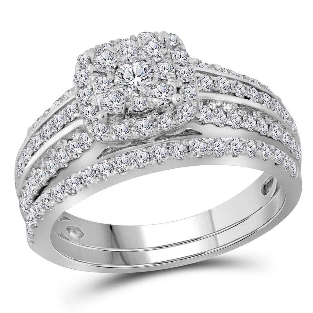 14k White Gold Round Diamond Double Halo Bridal Wedding Ring Set 1 Cttw