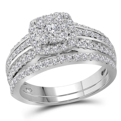 14k White Gold Round Diamond Double Halo Bridal Wedding Ring Set 1 Cttw
