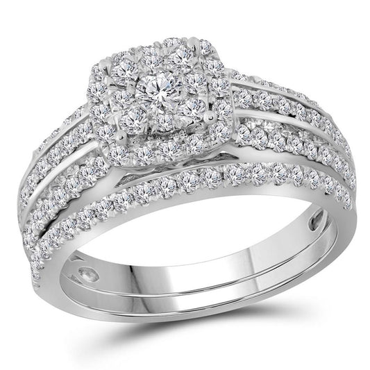 14k White Gold Round Diamond Double Halo Bridal Wedding Ring Set 1 Cttw