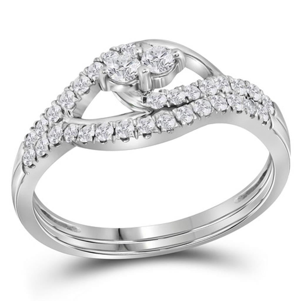 14k White Gold Round Diamond 2-Stone Bridal Wedding Ring Set 1/2 Cttw