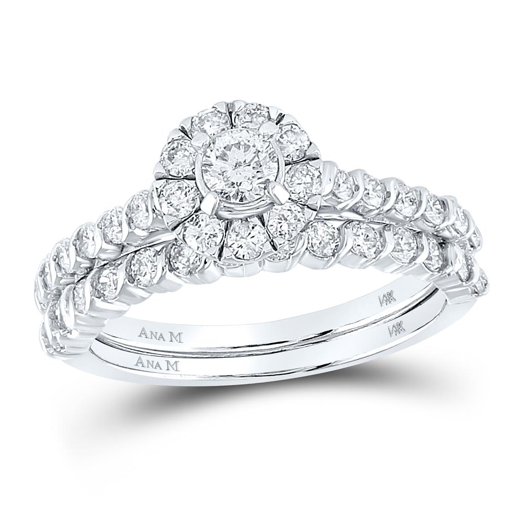 14k White Gold Round Diamond Halo Bridal Wedding Ring Set 1 Cttw (Certified)
