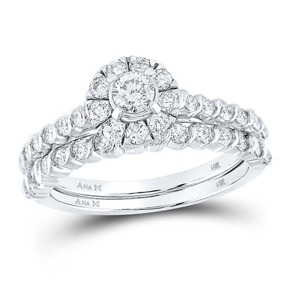 14k White Gold Round Diamond Halo Bridal Wedding Ring Set 1 Cttw (Certified)