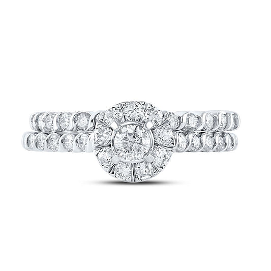 14k White Gold Round Diamond Halo Bridal Wedding Ring Set 1 Cttw (Certified)