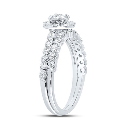 14k White Gold Round Diamond Halo Bridal Wedding Ring Set 1 Cttw (Certified)