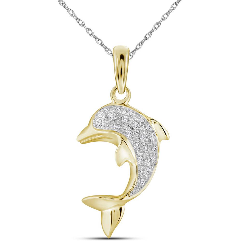 14k Yellow Gold Round Diamond Dolphin Fish Animal Pendant 1/10 Cttw
