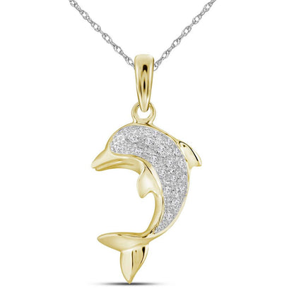 14k Yellow Gold Round Diamond Dolphin Fish Animal Pendant 1/10 Cttw