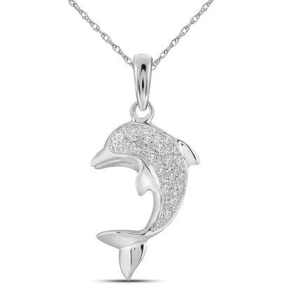 14k White Gold Round Diamond Dolphin Fish Animal Pendant 1/10 Cttw