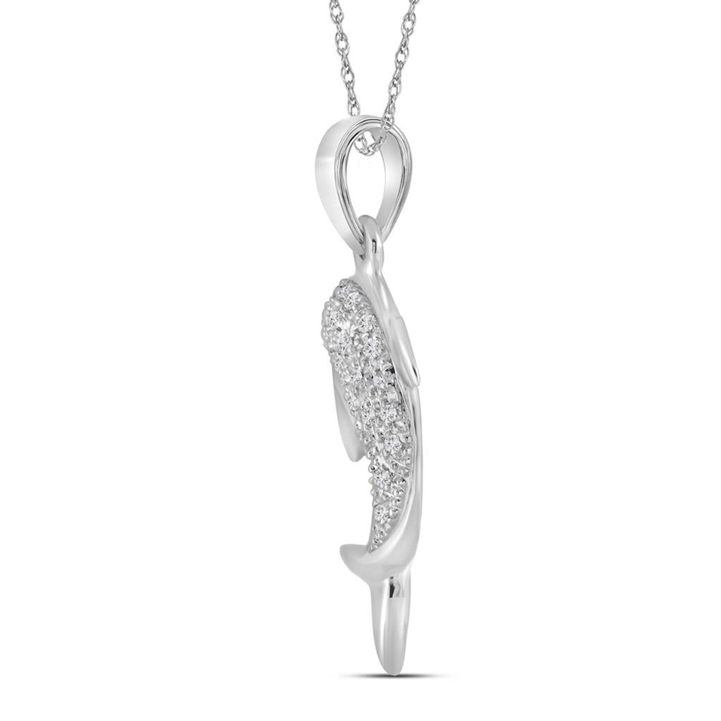 14k White Gold Round Diamond Dolphin Fish Animal Pendant 1/10 Cttw