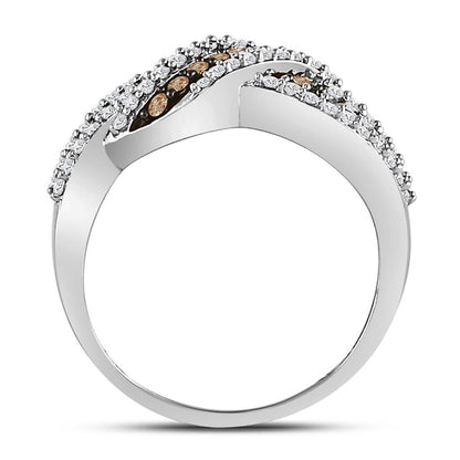 14k White Gold Round Brown Diamond Crossover Band Ring 3/4 Cttw
