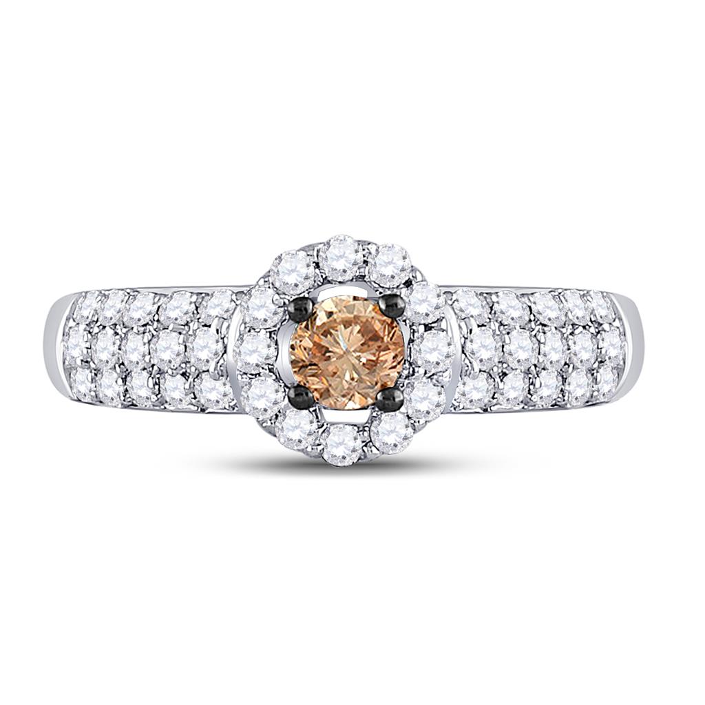 14k White Gold Round Brown Diamond Solitaire Halo Engagement Ring 3/4 Cttw