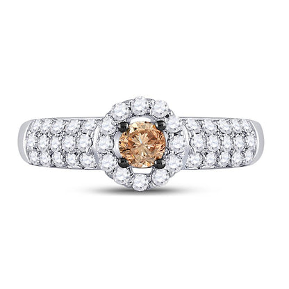14k White Gold Round Brown Diamond Solitaire Halo Engagement Ring 3/4 Cttw