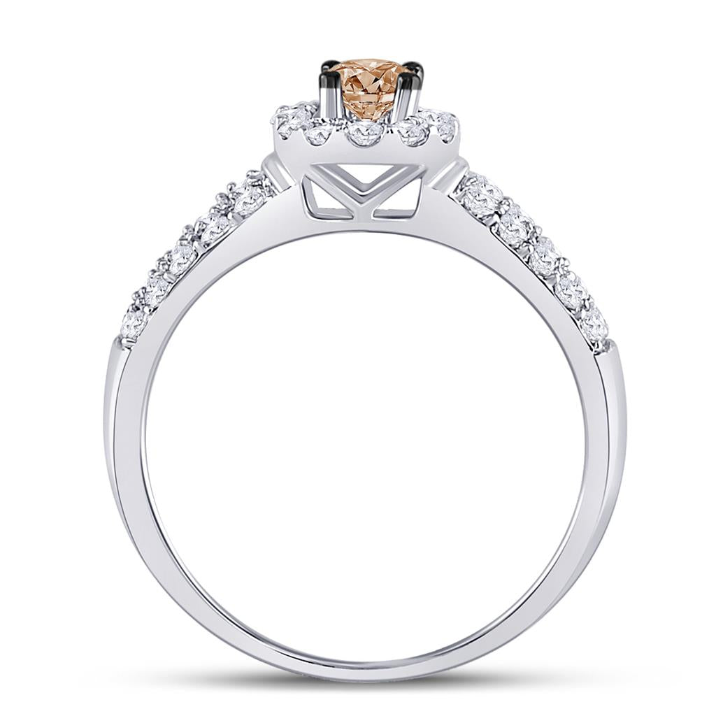 14k White Gold Round Brown Diamond Solitaire Halo Engagement Ring 3/4 Cttw