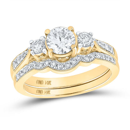 14k Yellow Gold Round Diamond 3-Stone Bridal Wedding Ring Set 1 Cttw