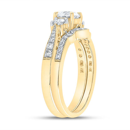 14k Yellow Gold Round Diamond 3-Stone Bridal Wedding Ring Set 1 Cttw
