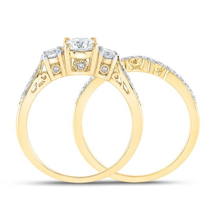 14k Yellow Gold Round Diamond 3-Stone Bridal Wedding Ring Set 1 Cttw