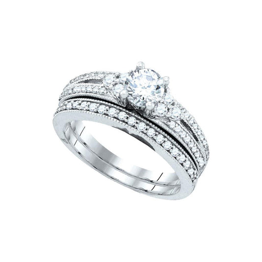 14k White Gold Round Diamond Bridal Wedding Ring Set 1 Cttw