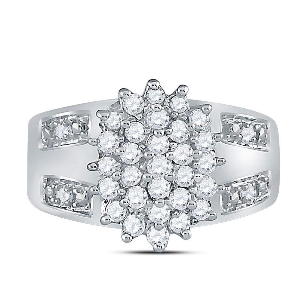 14k White Gold Round Diamond Oval Cluster Ring 1/2 Cttw