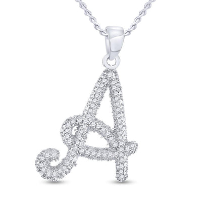 14k White Gold Round Diamond Cursive A Letter Pendant 1/6 Cttw
