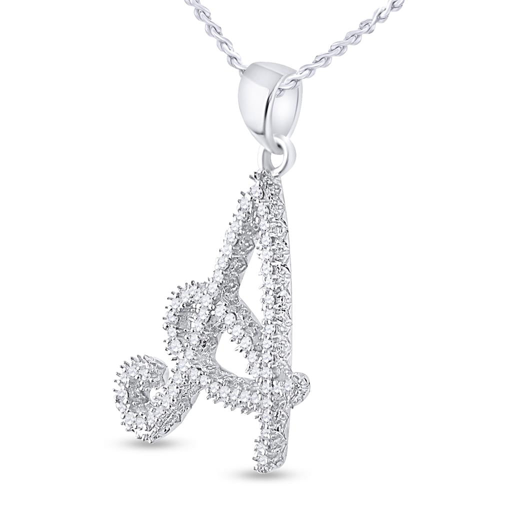 14k White Gold Round Diamond Cursive A Letter Pendant 1/6 Cttw