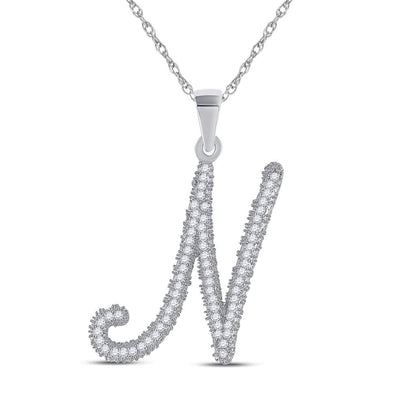 14k White Gold Round Diamond Cursive Letter N Pendant 1/5 Cttw