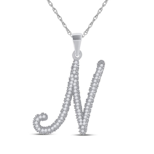 14k White Gold Round Diamond Cursive Letter N Pendant 1/5 Cttw