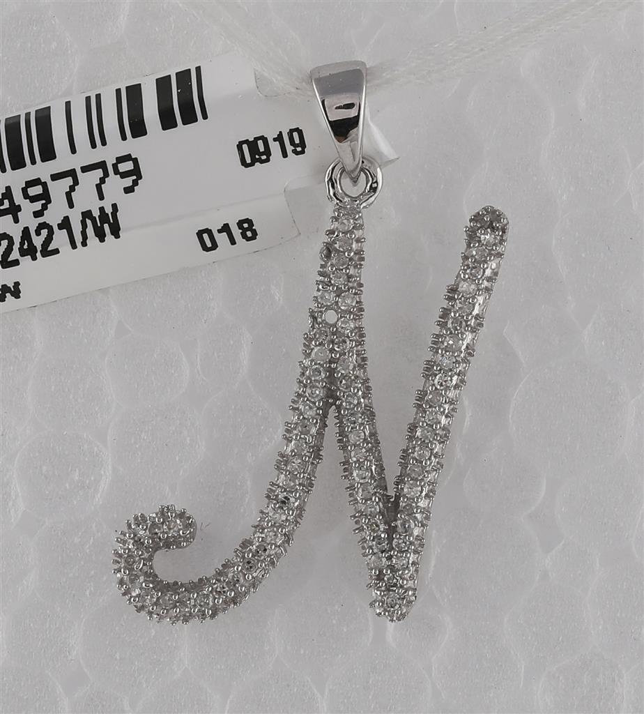 14k White Gold Round Diamond Cursive Letter N Pendant 1/5 Cttw