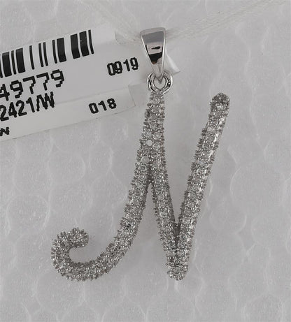 14k White Gold Round Diamond Cursive Letter N Pendant 1/5 Cttw