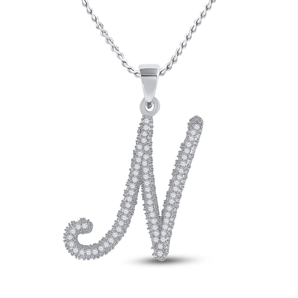 14k White Gold Round Diamond Cursive Letter N Pendant 1/5 Cttw