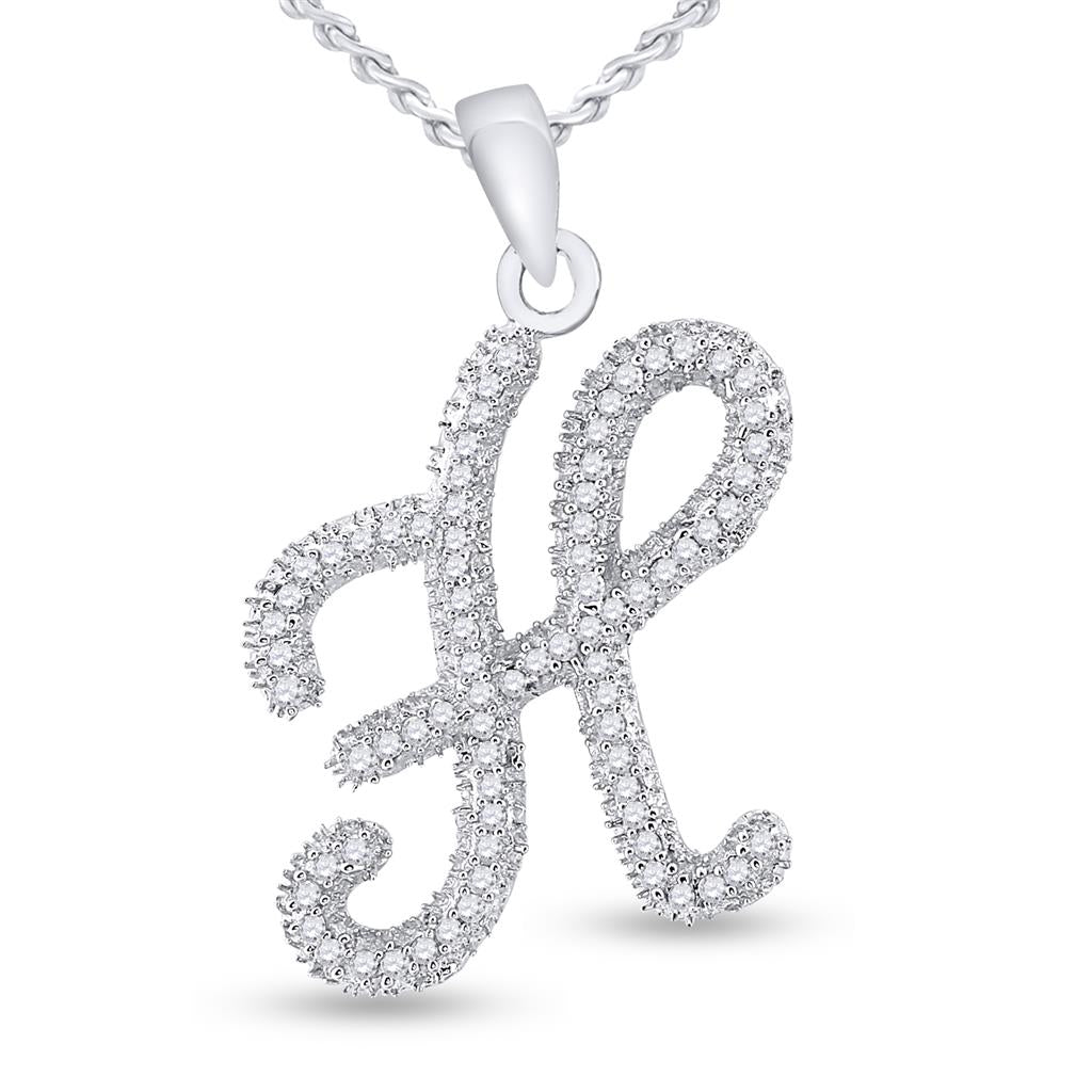 14k White Gold Round Diamond Cursive Letter H Pendant 1/5 Cttw