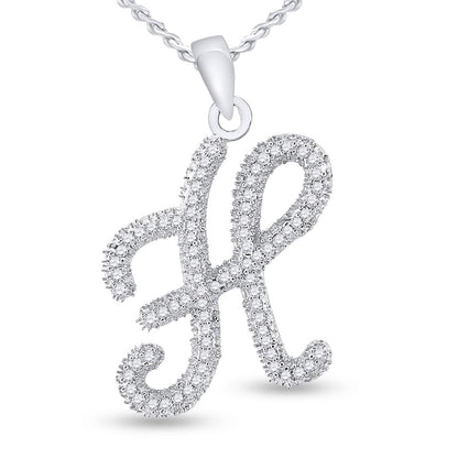 14k White Gold Round Diamond Cursive Letter H Pendant 1/5 Cttw