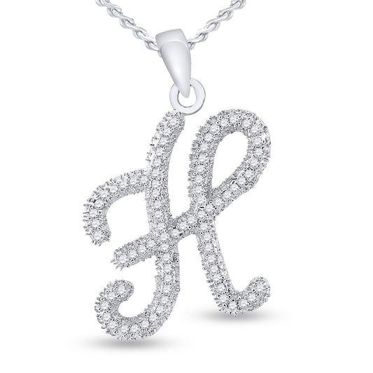 14k White Gold Round Diamond Cursive Letter H Pendant 1/5 Cttw