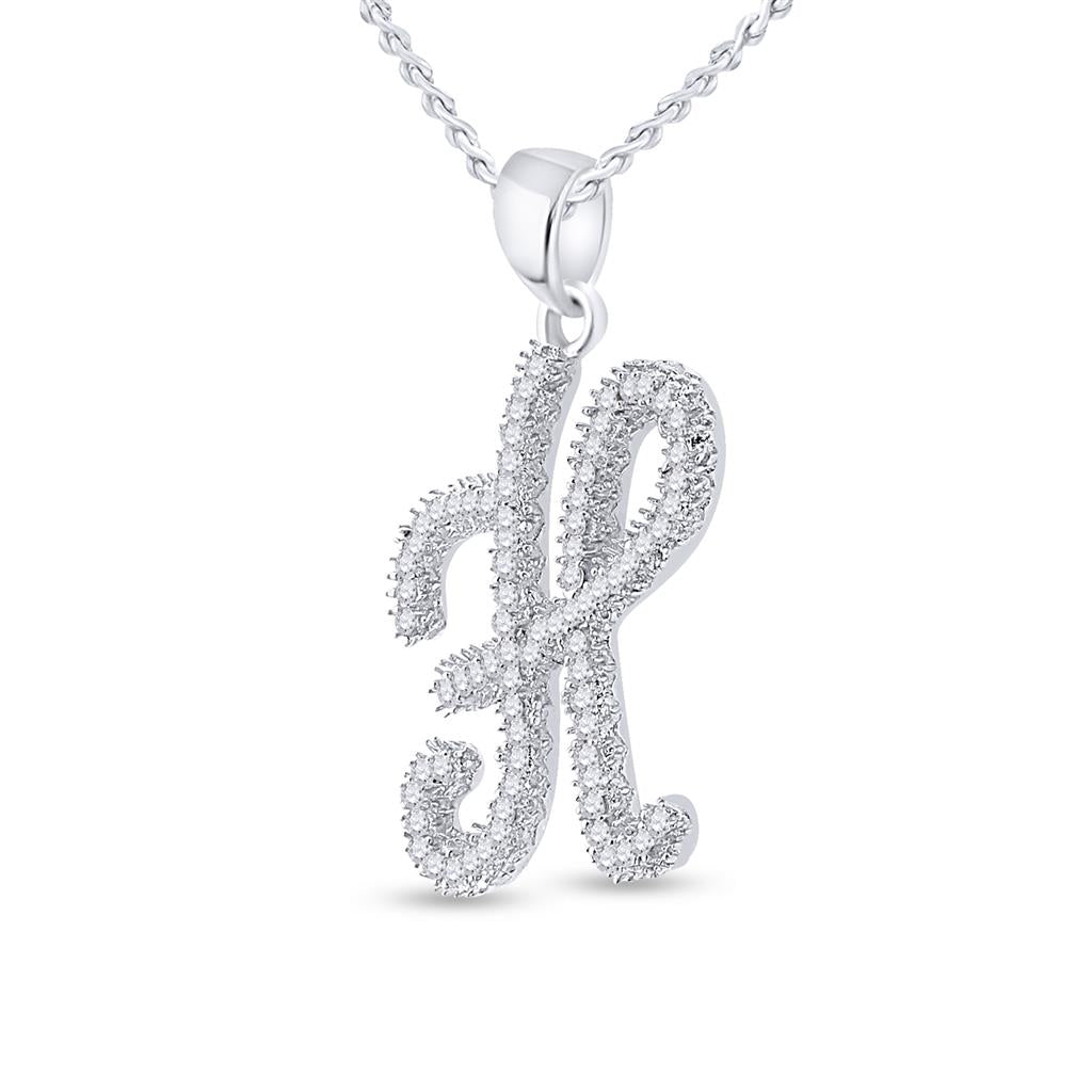 14k White Gold Round Diamond Cursive Letter H Pendant 1/5 Cttw
