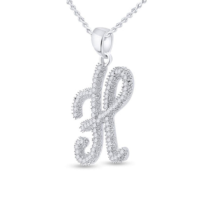 14k White Gold Round Diamond Cursive Letter H Pendant 1/5 Cttw