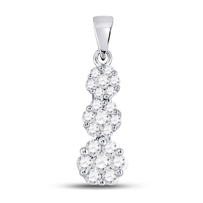 14kt White Gold Round Diamond Triple Flower Cluster Pendant 3/4 Cttw