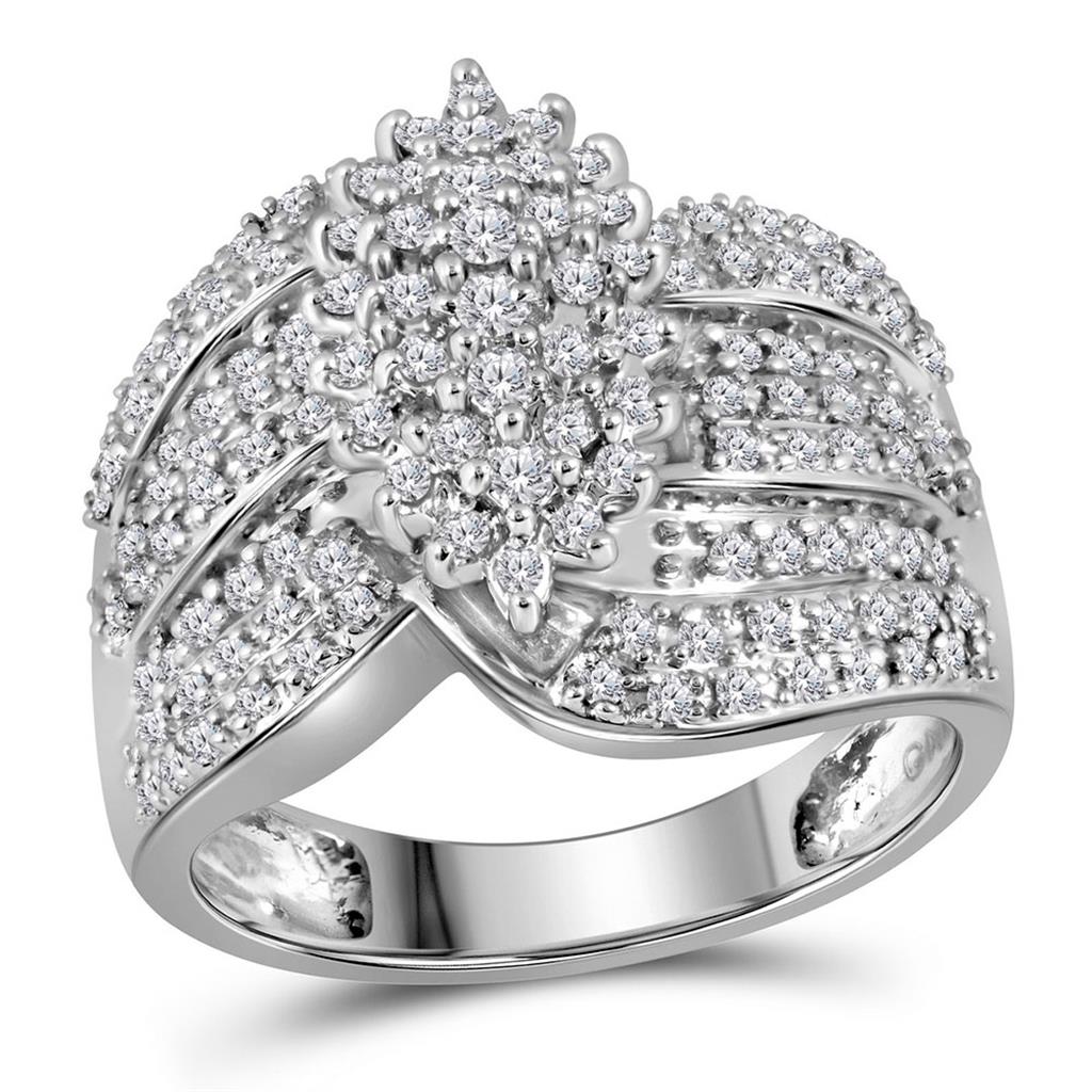 14k White Gold Round Prong-set Diamond Oval Cluster Ring 3/4 Cttw