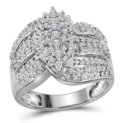 14k White Gold Round Prong-set Diamond Oval Cluster Ring 3/4 Cttw