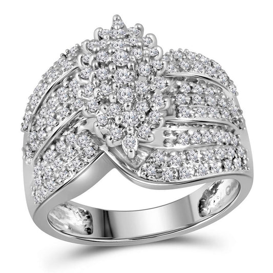 14k White Gold Round Prong-set Diamond Oval Cluster Ring 3/4 Cttw