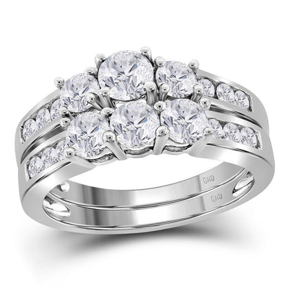 14k White Gold Round Diamond 3-Stone Bridal Wedding Ring Set 1-1/2 Cttw
