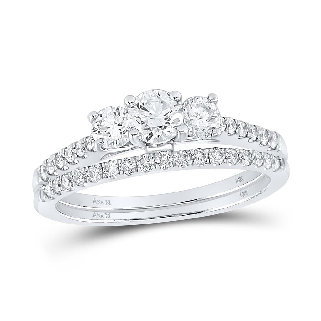 14k White Gold Round Diamond 3-stone Bridal Wedding Ring Set 1 Cttw (Certified)