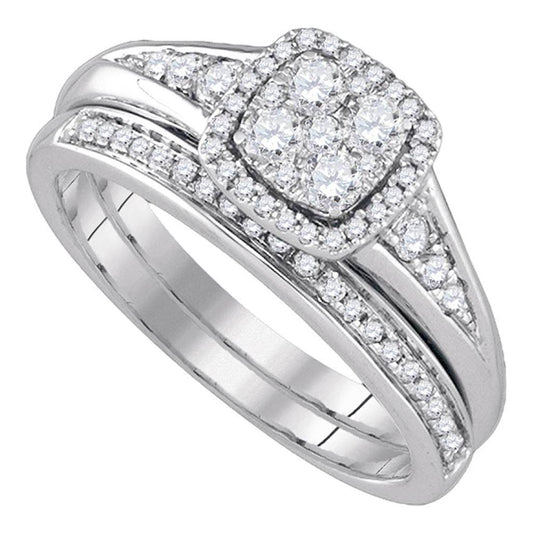14k White Gold Round Diamond Halo Bridal Wedding Ring Set 5/8 Cttw